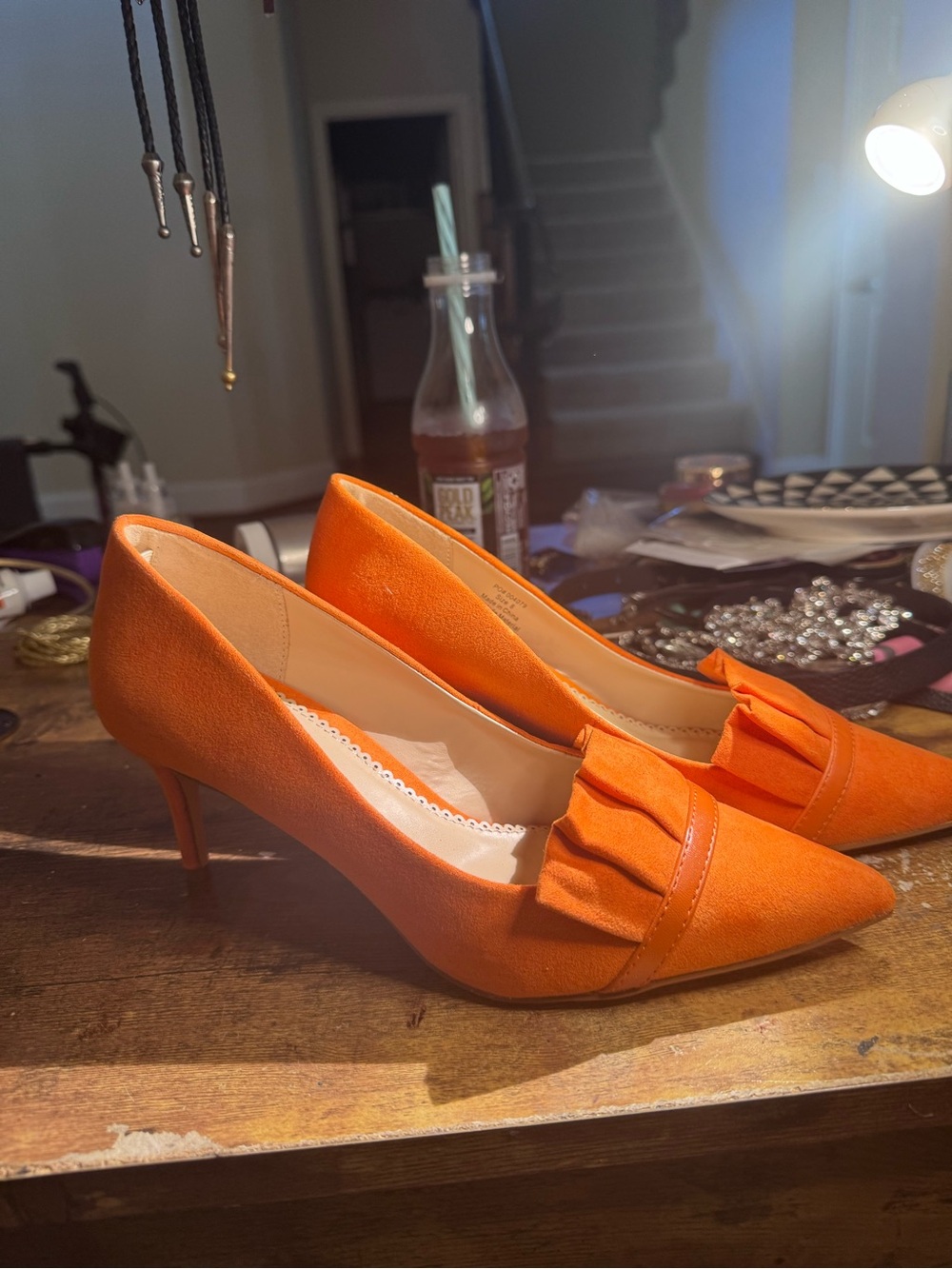 Orange Pointed Toe Kitten Heel Pumps with Pleated Vamp